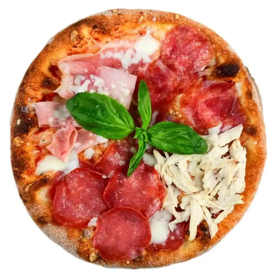 PIZZA QUATTRO CARNI, sos de rosii, mozzarella, sunca, salam, bacon, pastrama din piept afumat, ulei de masline