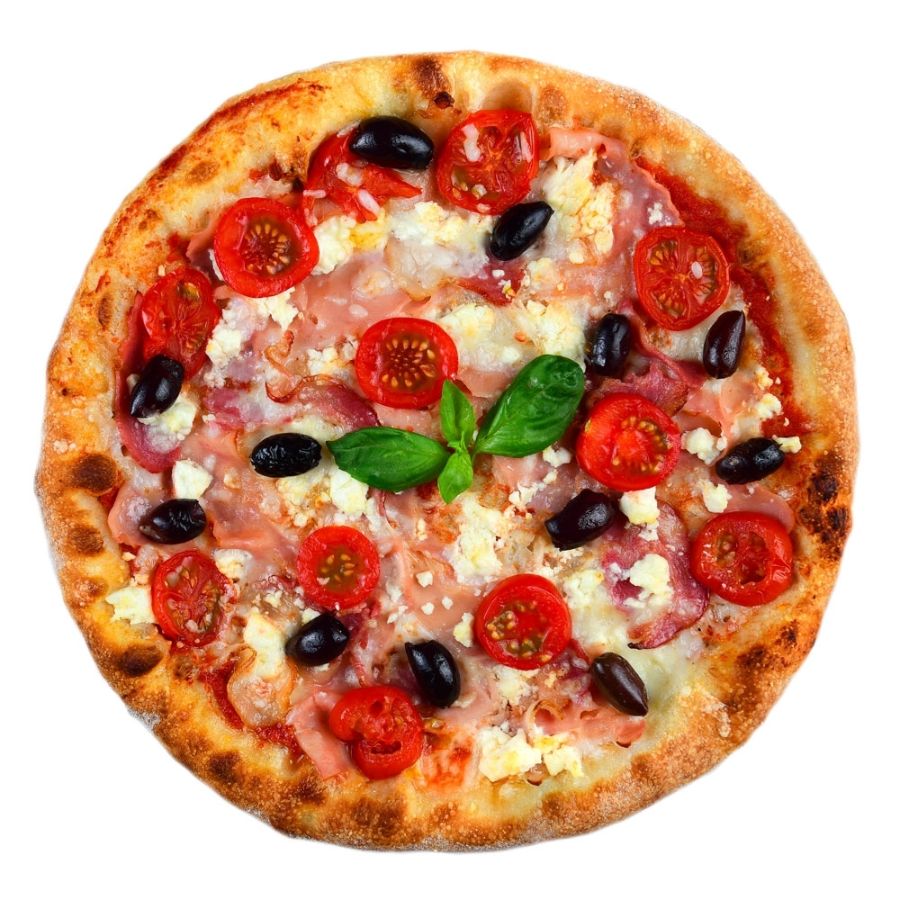 PIZZA PAZZA, sos de rosii, mozzarella, bacon, sunca, masline, rosii, telemea de capra, ulei de masline